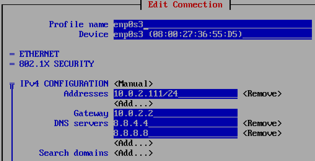 nmtui network connection on server1